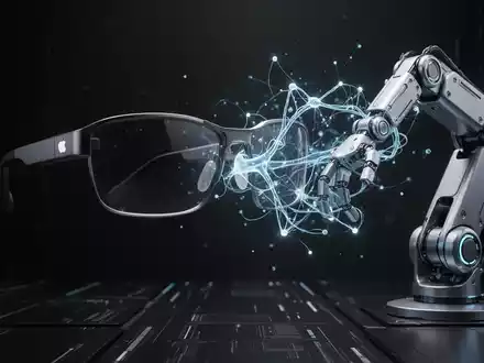 Futuristic Apple smart glasses and a robotic arm with glowing AI connections, symbolizing hardware delays due to AI bottlenecks. - Foto: über boerse-global.de