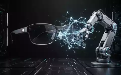 Futuristic Apple smart glasses and a robotic arm with glowing AI connections, symbolizing hardware delays due to AI bottlenecks. - Foto: über boerse-global.de