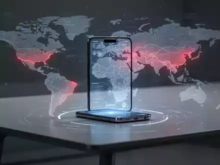 A modern smartphone displaying a futuristic interface, surrounded by a faint digital world map with highlighted restricted regions. - Foto: über boerse-global.de