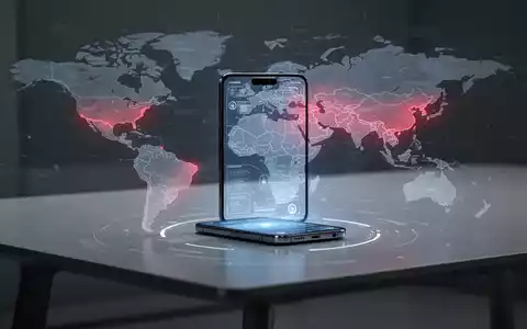 A modern smartphone displaying a futuristic interface, surrounded by a faint digital world map with highlighted restricted regions. - Foto: über boerse-global.de