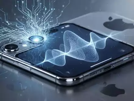 Ein futuristisches Smartphone mit einem KI-Muster, das von der Kamera ausgeht, und einer Wellenform auf dem Bildschirm, die Siri darstellt. - Foto: über boerse-global.de