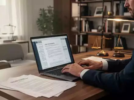 Eine Person arbeitet an einem Laptop in einem modernen Heimbüro, umgeben von Dokumenten, die rechtliche Entscheidungen und Homeoffice symbolisieren. - Foto: über boerse-global.de