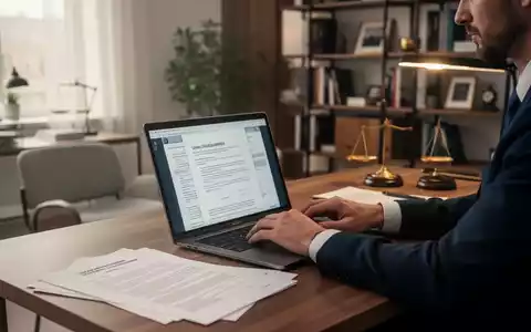 Eine Person arbeitet an einem Laptop in einem modernen Heimbüro, umgeben von Dokumenten, die rechtliche Entscheidungen und Homeoffice symbolisieren. - Foto: über boerse-global.de