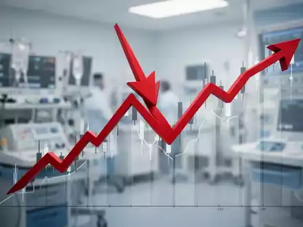 Eine rote, nach unten gerichtete Pfeilspitze durchdringt ein stilisiertes Diagramm, das einen Aktienrückgang im Gesundheitswesen symbolisiert. - Foto: über boerse-global.de