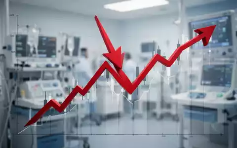 Eine rote, nach unten gerichtete Pfeilspitze durchdringt ein stilisiertes Diagramm, das einen Aktienrückgang im Gesundheitswesen symbolisiert. - Foto: über boerse-global.de