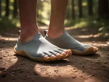 Ein Paar minimalistische Barfußschuhe auf einem natürlichen Pfad, mit Fokus auf die dünne Sohle und weite Zehenbox. - Foto: über boerse-global.de