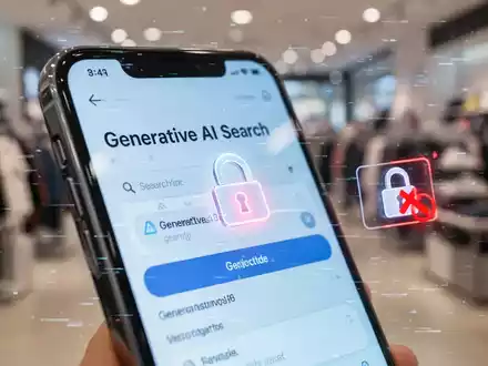 A smartphone screen showing a generative AI search result with a warning symbol, signifying fake retail websites and online scams. - Foto: über boerse-global.de