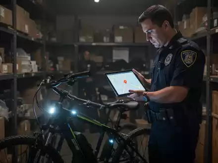 Ein Polizist untersucht ein gestohlenes E-Bike mit sichtbarem GPS-Tracker in einem Lagerraum, während er ein Tablet mit einer Karte hält. - Foto: über boerse-global.de