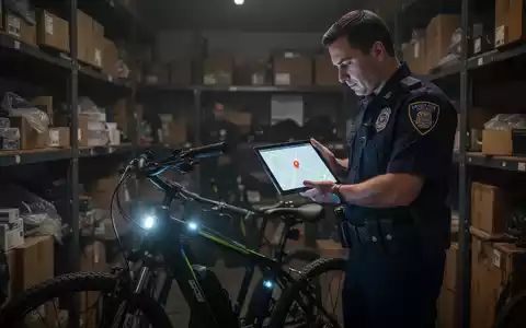 Ein Polizist untersucht ein gestohlenes E-Bike mit sichtbarem GPS-Tracker in einem Lagerraum, während er ein Tablet mit einer Karte hält. - Foto: über boerse-global.de