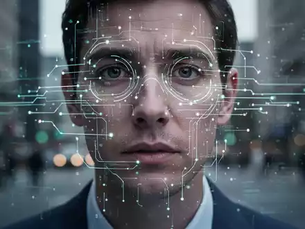 Ein Gesicht, teilweise verdeckt von leuchtenden digitalen Linien und biometrischen Datenpunkten, im Hintergrund eine unscharfe Stadt. - Foto: über boerse-global.de