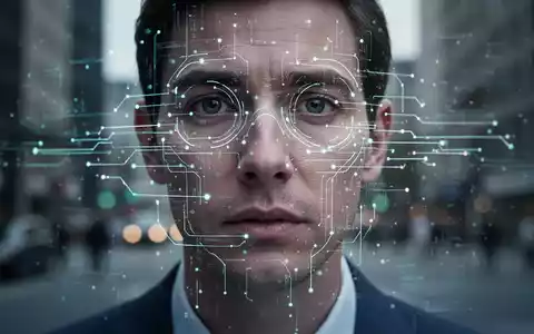Ein Gesicht, teilweise verdeckt von leuchtenden digitalen Linien und biometrischen Datenpunkten, im Hintergrund eine unscharfe Stadt. - Foto: über boerse-global.de