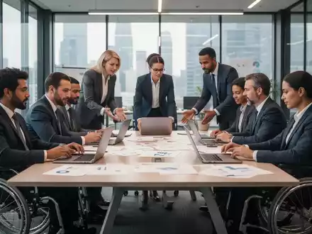 Eine vielfältige Gruppe von Fachleuten, einige mit Behinderungen, arbeitet an einem Tisch in einem modernen Büro zusammen. - Foto: über boerse-global.de