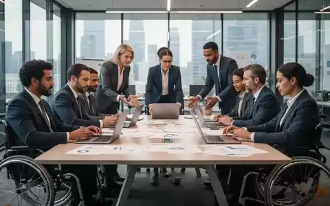 Eine vielfältige Gruppe von Fachleuten, einige mit Behinderungen, arbeitet an einem Tisch in einem modernen Büro zusammen. - Foto: über boerse-global.de