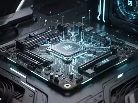 Close-up of a high-tech computer motherboard with glowing blue lines indicating AI-driven processes and advanced components. - Foto: über boerse-global.de