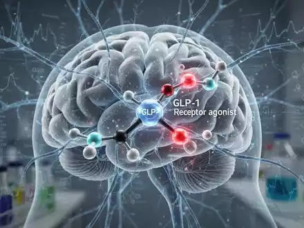 Eine stilisierte Gehirndarstellung mit Neuronenbahnen, verknüpft mit einem Molekül, das GLP-1-Rezeptoragonisten symbolisiert. - Foto: über boerse-global.de