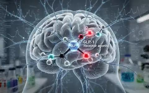 Eine stilisierte Gehirndarstellung mit Neuronenbahnen, verknüpft mit einem Molekül, das GLP-1-Rezeptoragonisten symbolisiert. - Foto: über boerse-global.de