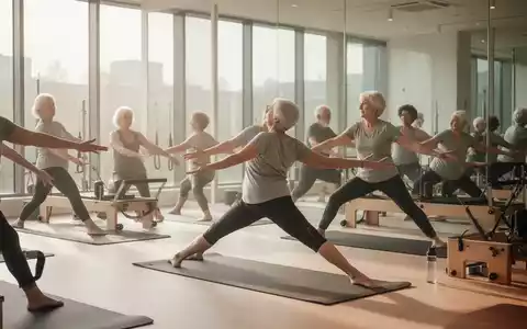 Senioren nehmen an einem Pilates-Kurs teil und führen sanfte, kontrollierte Bewegungen auf Matten in einem hellen Studio aus. - Foto: über boerse-global.de