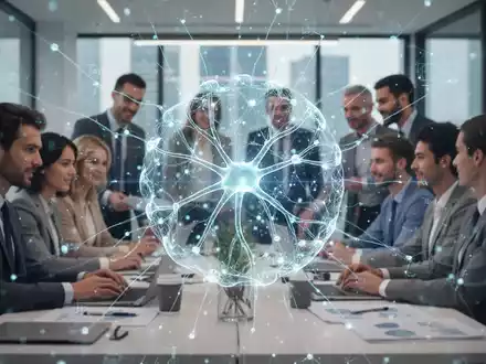 Ein abstraktes digitales Netzwerk überlagert eine Gruppe von Menschen, die in einem modernen Büro zusammenarbeiten, symbolisierend digitale Gesundheitslösungen. - Foto: über boerse-global.de