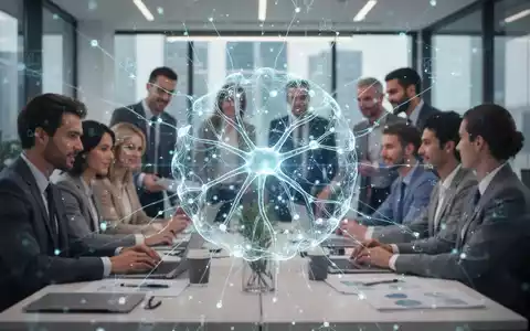 Ein abstraktes digitales Netzwerk überlagert eine Gruppe von Menschen, die in einem modernen Büro zusammenarbeiten, symbolisierend digitale Gesundheitslösungen. - Foto: über boerse-global.de