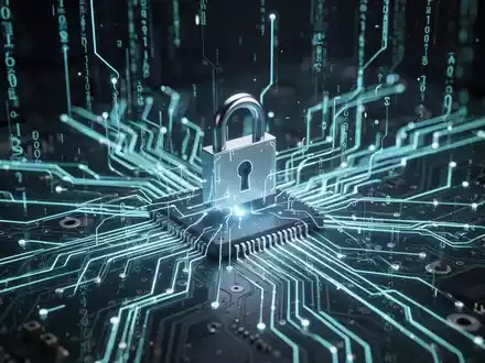 A stylized circuit board with glowing data lines connecting to a padlock icon, representing secure boot processes and data integrity. - Foto: über boerse-global.de
