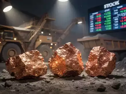 Kupfererzproben glänzen unter Scheinwerfern mit unscharfem Hintergrund von Bergbauausrüstung und einem digitalen Ticker. - Foto: über boerse-global.de