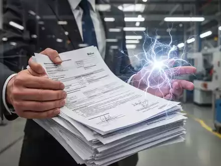 Hände eines gestressten Unternehmers, der Dokumente und ein leuchtendes Energiesymbol hält, im Hintergrund eine Fabrik. - Foto: über boerse-global.de