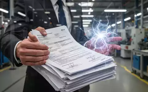 Hände eines gestressten Unternehmers, der Dokumente und ein leuchtendes Energiesymbol hält, im Hintergrund eine Fabrik. - Foto: über boerse-global.de