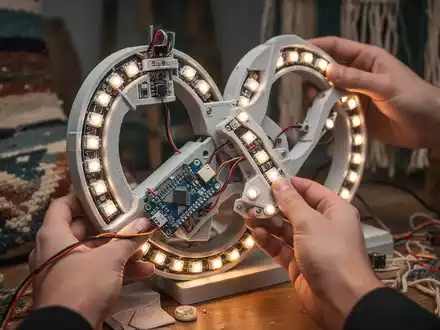 Close-up of hands assembling a retro-futuristic Cyber Loop lamp with 3D-printed parts, microcontroller, and LEDs, surrounded by crafting tools. - Foto: über boerse-global.de