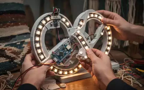 Close-up of hands assembling a retro-futuristic Cyber Loop lamp with 3D-printed parts, microcontroller, and LEDs, surrounded by crafting tools. - Foto: über boerse-global.de