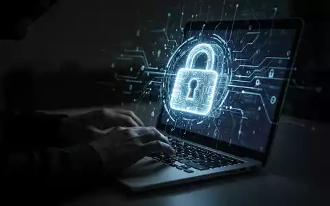 Hände tippen auf einer Laptoptastatur, mit einem leuchtenden digitalen Schloss auf dem Bildschirm, das einen Cyberangriff darstellt. - Foto: über boerse-global.de