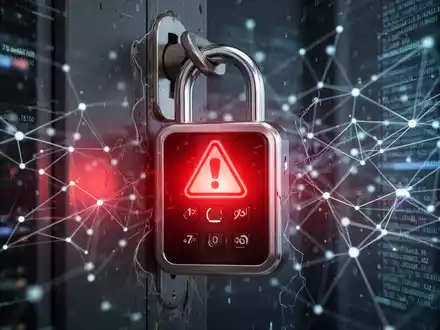 Ein digitales Sicherheitsschloss mit einem rot leuchtenden Warnzeichen über verschwommenen Datenströmen und Netzwerken. - Foto: über boerse-global.de