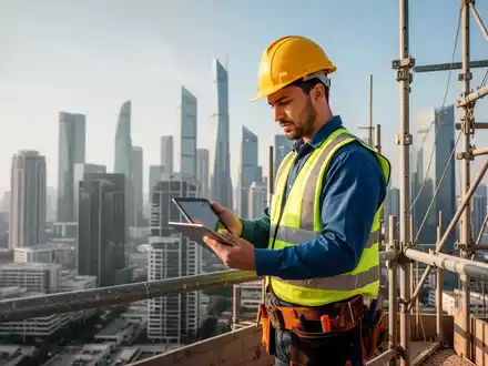 Ein Bauarbeiter in Schutzkleidung auf einem Gerüst überprüft Sicherheitsvorschriften auf einem Tablet, mit einer Stadtkulisse im Hintergrund. - Foto: über boerse-global.de