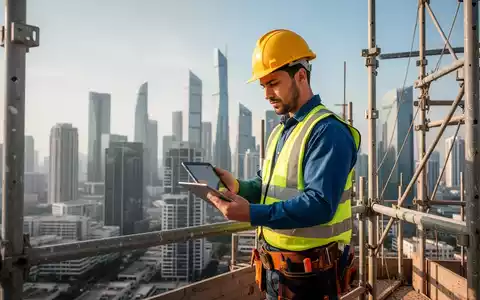 Ein Bauarbeiter in Schutzkleidung auf einem Gerüst überprüft Sicherheitsvorschriften auf einem Tablet, mit einer Stadtkulisse im Hintergrund. - Foto: über boerse-global.de