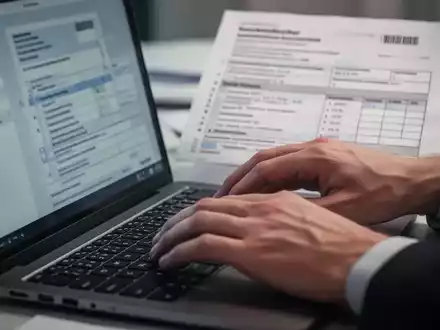 Nahaufnahme von Händen, die auf einer Laptoptastatur tippen, mit einem verschwommenen Steuerformular im Hintergrund. - Foto: über boerse-global.de