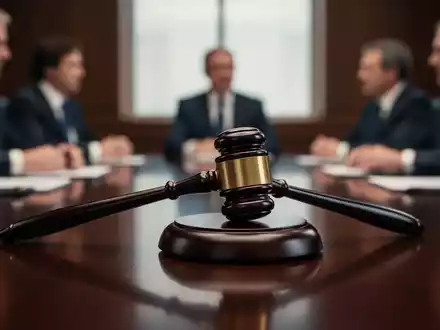 Ein Nahaufnahme eines Holzhammers auf einem dunklen Holztisch, im Hintergrund unscharfe Personen in einem Besprechungsraum. - Foto: über boerse-global.de