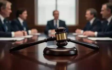 Ein Nahaufnahme eines Holzhammers auf einem dunklen Holztisch, im Hintergrund unscharfe Personen in einem Besprechungsraum. - Foto: über boerse-global.de