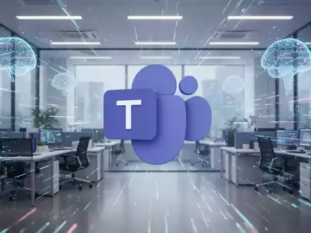 Stylized Microsoft Teams logo in a futuristic office with abstract AI elements and glowing data streams, symbolizing digital productivity. - Foto: über boerse-global.de