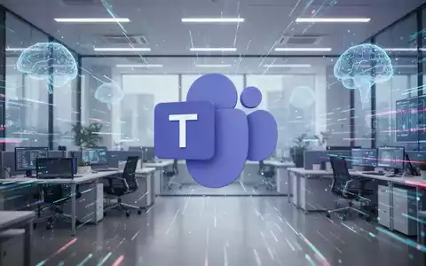 Stylized Microsoft Teams logo in a futuristic office with abstract AI elements and glowing data streams, symbolizing digital productivity. - Foto: über boerse-global.de