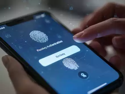 Close-up of a smartphone screen showing a passkey authentication prompt, with a blurred hand ready to use a fingerprint sensor. - Foto: über boerse-global.de