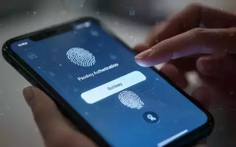 Close-up of a smartphone screen showing a passkey authentication prompt, with a blurred hand ready to use a fingerprint sensor. - Foto: über boerse-global.de