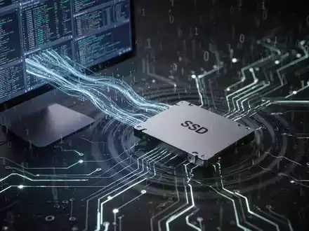 An abstract image showing data flowing from a computer screen into an SSD, with ripples symbolizing hidden activity and glowing circuit lines. - Foto: über boerse-global.de