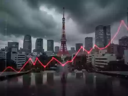 Tokio Skyline mit Tokyo Tower unter dunklen Wolken und einer roten Abwärtstrendlinie, die Marktunsicherheit symbolisiert. - Foto: über boerse-global.de