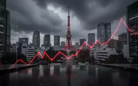 Tokio Skyline mit Tokyo Tower unter dunklen Wolken und einer roten Abwärtstrendlinie, die Marktunsicherheit symbolisiert. - Foto: über boerse-global.de
