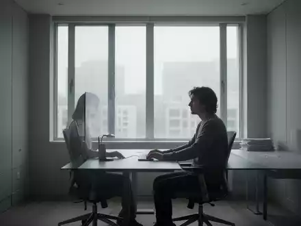 Eine einsame Person sitzt an einem Schreibtisch im Homeoffice und blickt nachdenklich. Der Raum wirkt ruhig und etwas leer. - Foto: über boerse-global.de