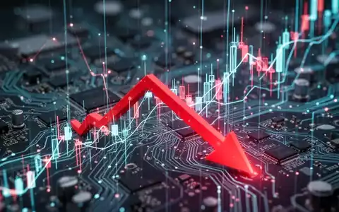 Abstürzender Aktienkurs, dargestellt durch einen roten Pfeil nach unten über einer unscharfen Platine, die KI-Technologie symbolisiert. - Foto: über boerse-global.de
