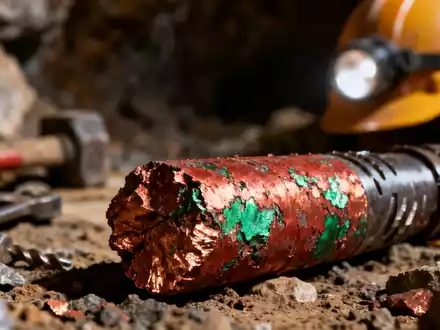 Nahaufnahme eines Bohrkerns mit Kupfermineralisierung, im Hintergrund verschwommen Bergbauwerkzeuge. - Foto: über boerse-global.de