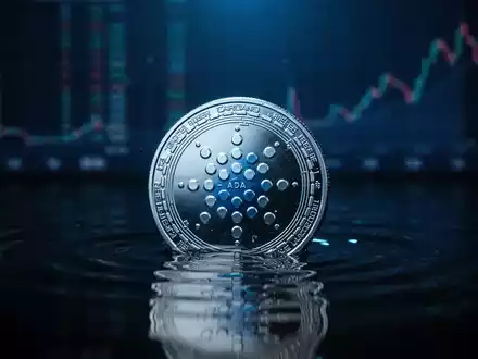 Eine Cardano-Kryptowährungsmünze ist teilweise in dunklem, welligem Wasser versunken und spiegelt ein kühles blaues Licht wider. - Foto: über boerse-global.de