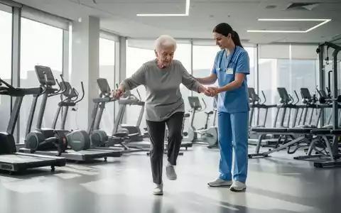 Ältere Person in einem Fitnessstudio, die unter Anleitung einer Physiotherapeutin Gleichgewichtsübungen macht. - Foto: über boerse-global.de