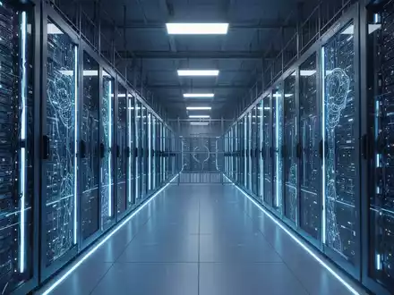 Nahaufnahme von beleuchteten Serverracks in einem modernen Rechenzentrum, das digitale Infrastruktur und KI-Entwicklung symbolisiert. - Foto: über boerse-global.de