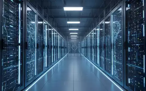 Nahaufnahme von beleuchteten Serverracks in einem modernen Rechenzentrum, das digitale Infrastruktur und KI-Entwicklung symbolisiert. - Foto: über boerse-global.de
